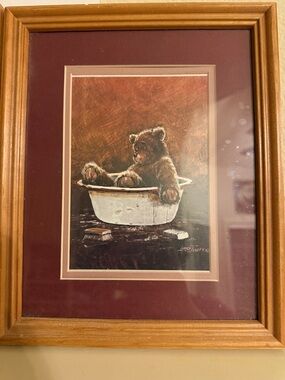 Bear in Tub Framed Art Print - Brown & Maroon